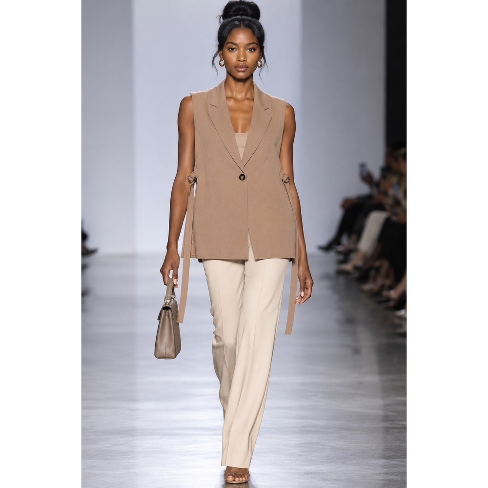 Zara Women's Vest Blazer Size XL Tan Sleeveless Lined Open Side Slit Tie Classic